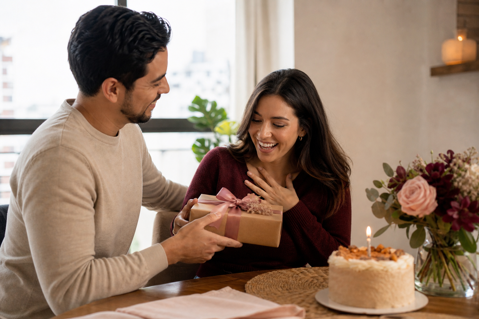 Hombre entregando un regalo de cumpleaños a su novia