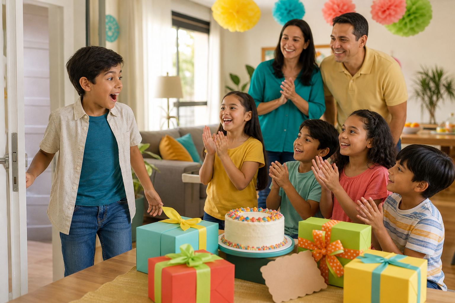 Niño sorprendido por una fiesta de cumpleaños con amigos y regalos