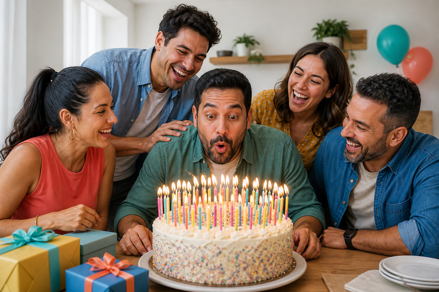 Amigos riendo ante una tarta con muchas velas de cumpleaños