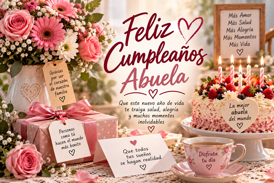 Tarjeta de cumpleaños para mi abuela con flores, regalo, pastel y taza