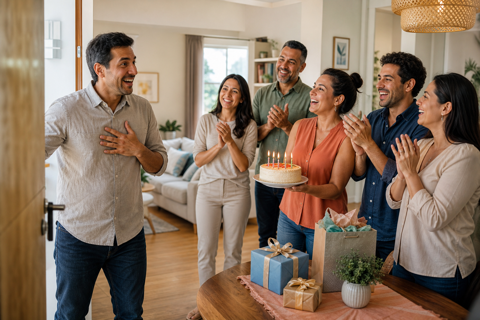 Amigos organizando una sorpresa de cumpleaños con tarta y regalos