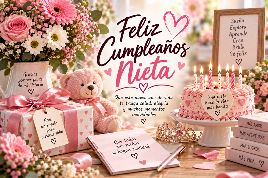 Tarjeta de cumpleaños para mi nieta con flores, regalo, pastel y decoración rosa