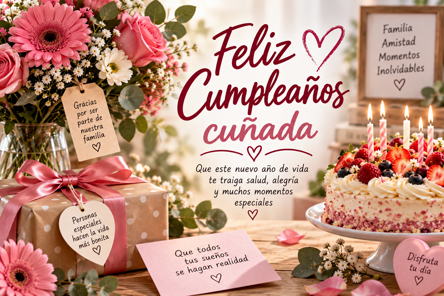 Tarjeta de cumpleaños para mi cuñada con flores, regalos y pastel