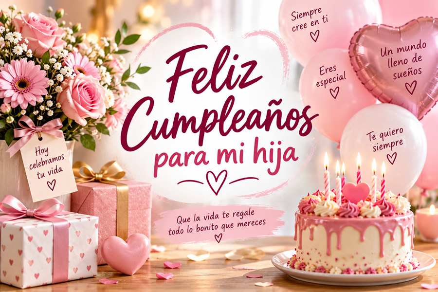 Tarjeta de cumpleaños para mi hija con flores, globos, regalos y pastel