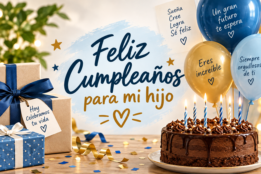 Tarjeta de cumpleaños para mi hijo con pastel, regalos y globos