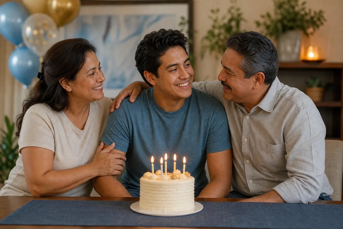 Un hijo adulto celebrando su cumpleaños junto a sus padres Frases de cumpleaños para mi hijo