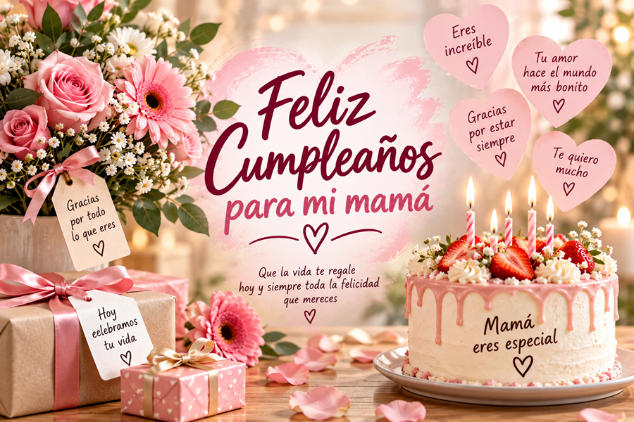 Tarjeta de cumpleaños para mi mamá con flores, regalos y pastel