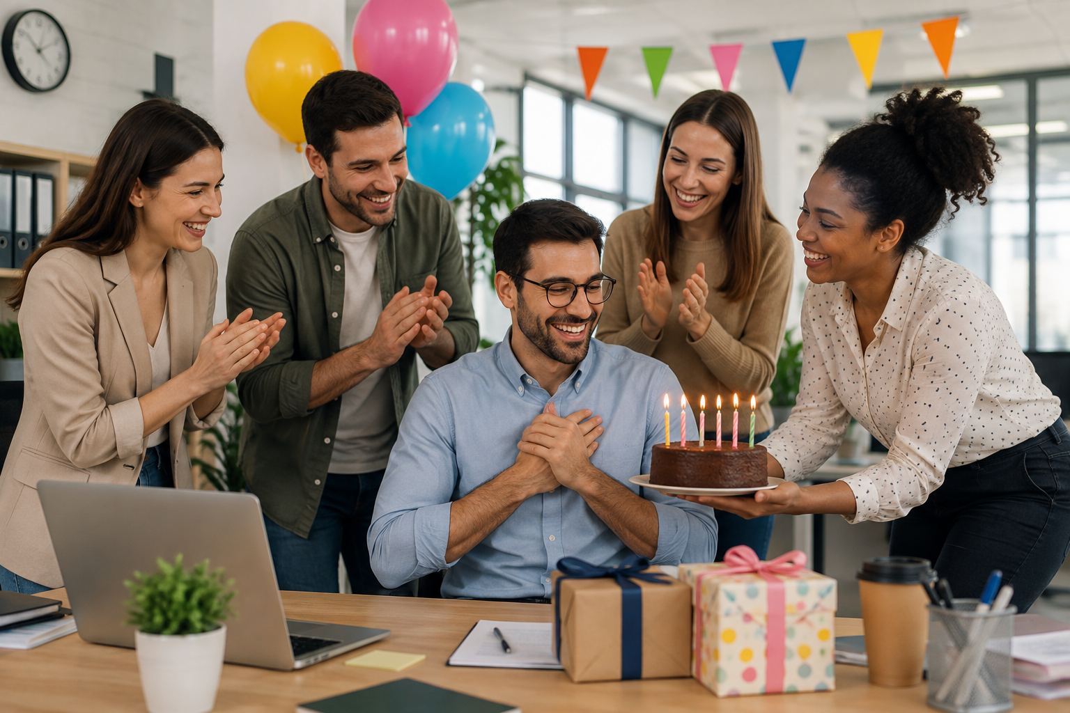 Compañeros de trabajo celebrando un cumpleaños en la oficina