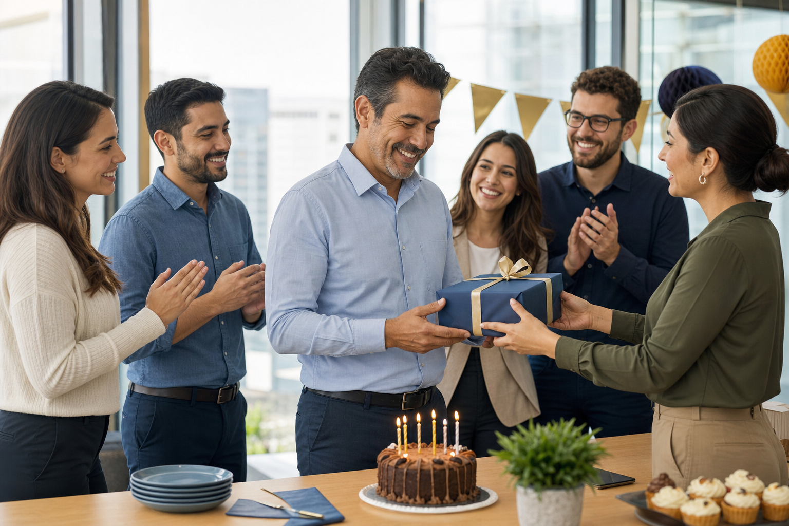 Frases de cumpleaños para mi jefe Compañeros felicitando a su jefe con una tarta y un regalo