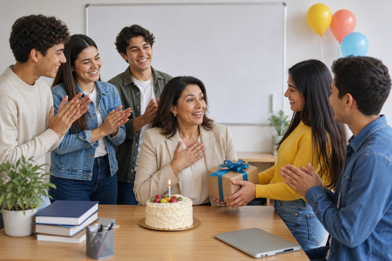 Alumnos felicitando a su profesora con una tarta y un regalo