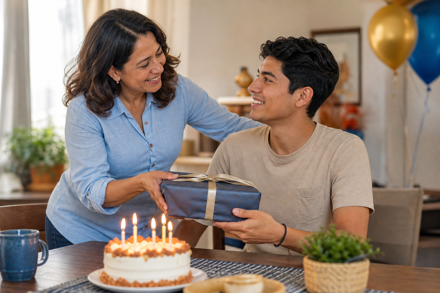 Tíos felicitando a su sobrino con una tarta y un regalo