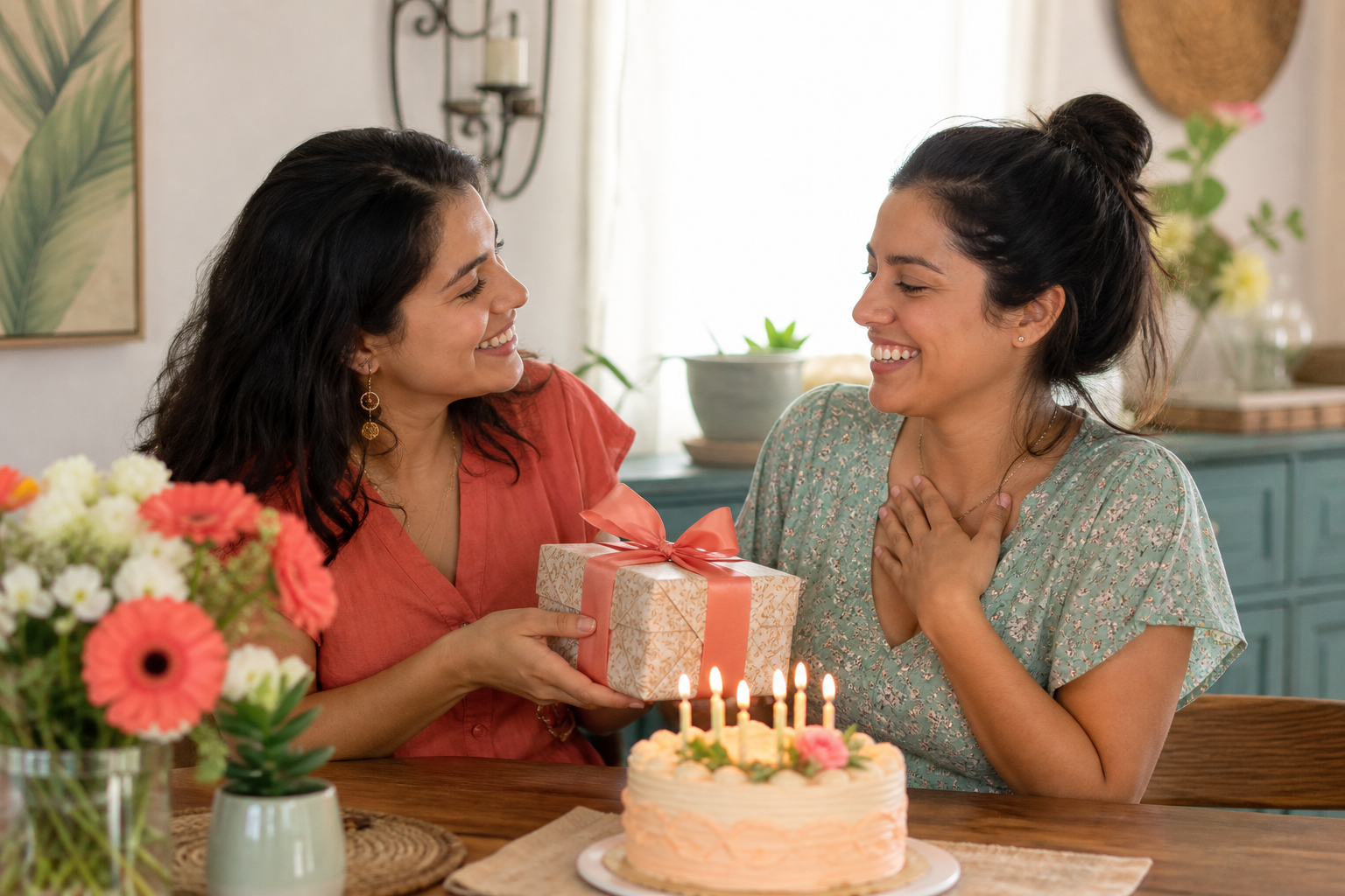 Primas celebrando un cumpleaños con una tarta y un regalo