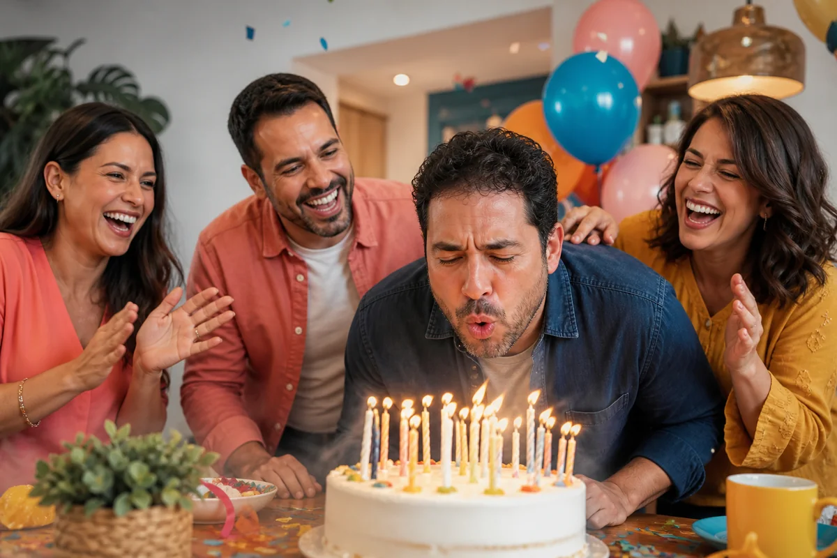Amigos riendo mientras el cumpleañero intenta apagar muchas velas Mensajes de cumpleaños divertidos y originales