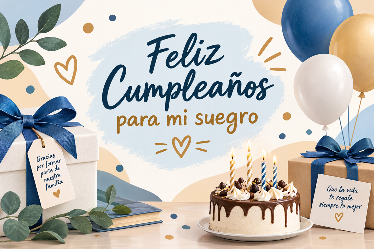 Tarjeta de cumpleaños para mi suegro con regalos, globos y pastel