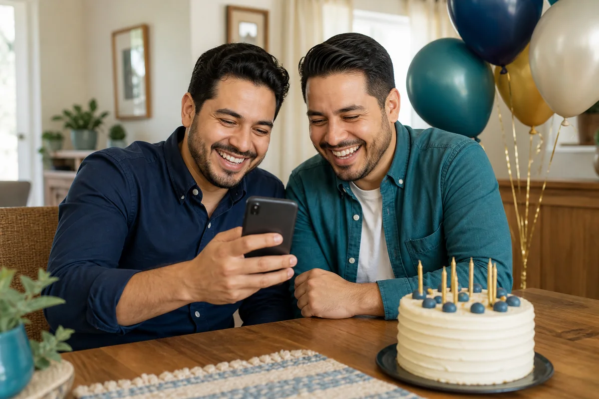 Mensajes de cumpleaños para mi hermano Dos hermanos leyendo juntos un mensaje de cumpleaños en un teléfono