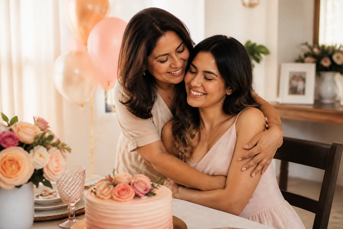 Madre abrazando a su hija durante la celebración de su cumpleaños