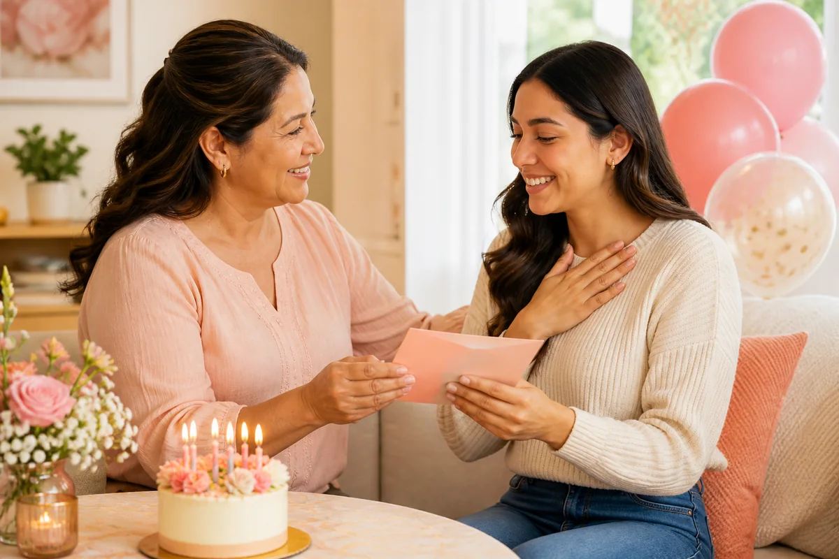 Tía felicitando a su sobrina con una tarjeta de cumpleaños