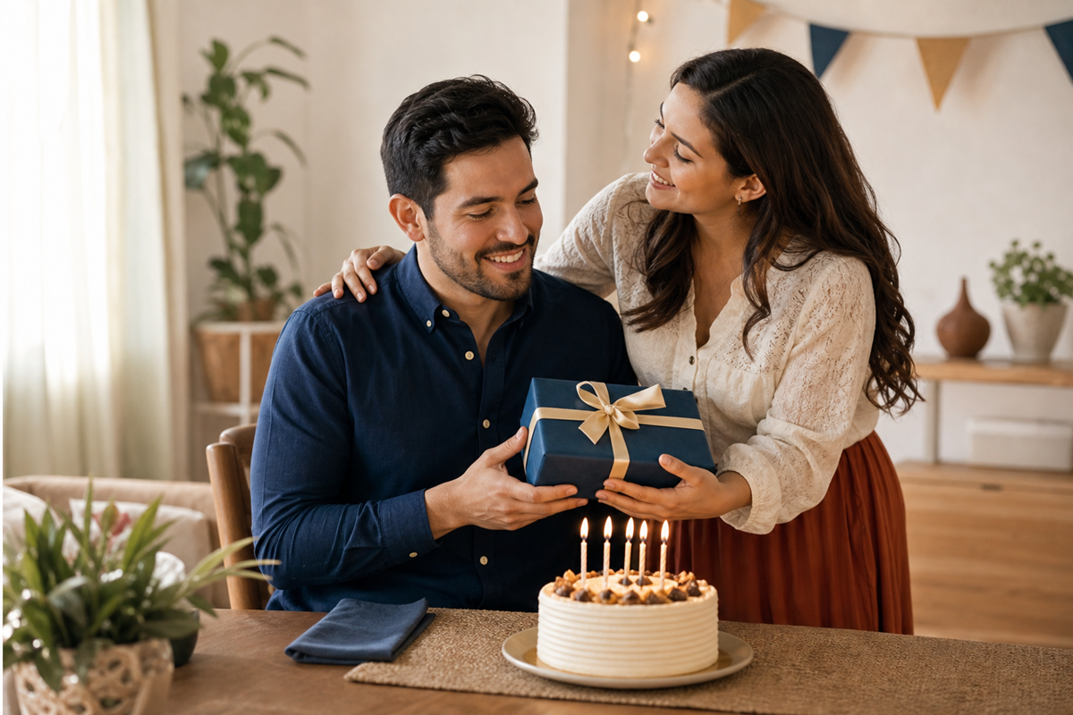 Novia felicitando a su novio con una tarta y un regalo