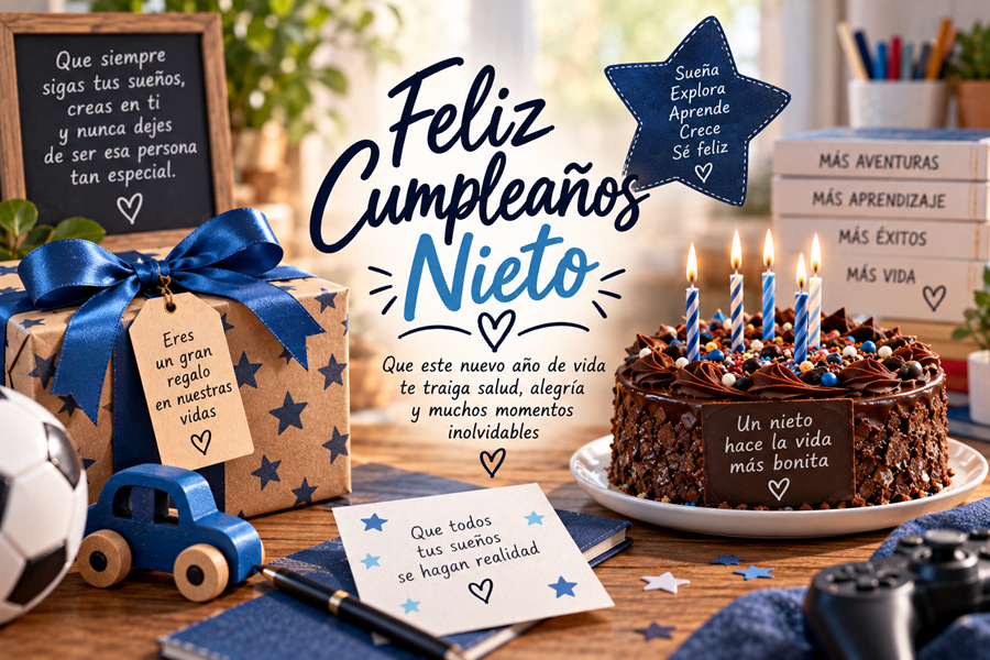 Tarjeta de cumpleaños para mi nieto con regalos, pastel, juguetes y decoración azul