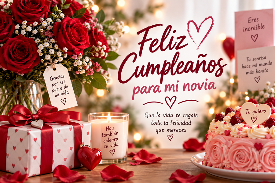 Tarjeta de cumpleaños para mi novia con rosas, regalos y pastel