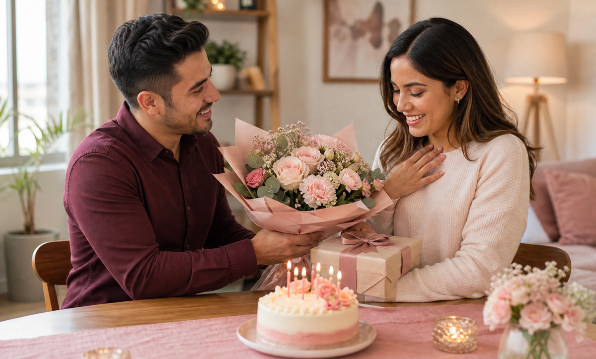 Novio felicitando a su novia con flores, tarta y un regalo