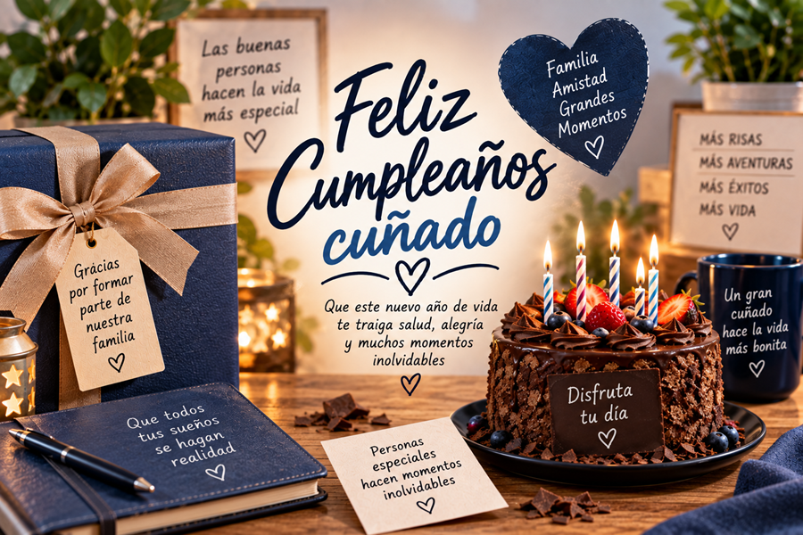 Tarjeta de cumpleaños para mi cuñado con regalo, pastel y decoración festiva
