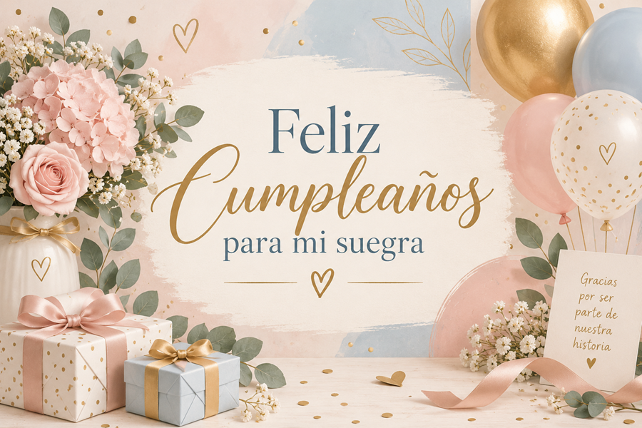 Tarjeta de cumpleaños para mi suegra con flores, globos y regalos