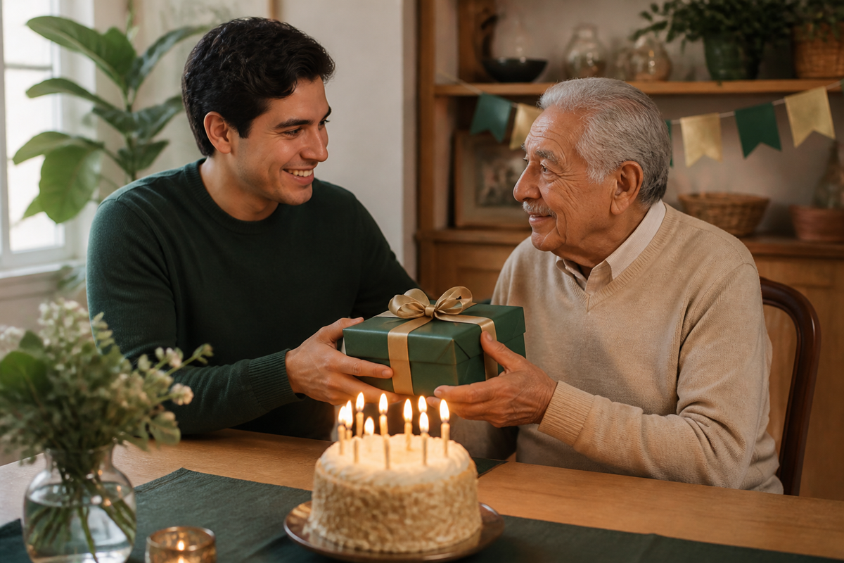 Nieto felicitando a su abuelo con una tarta y un regalo
