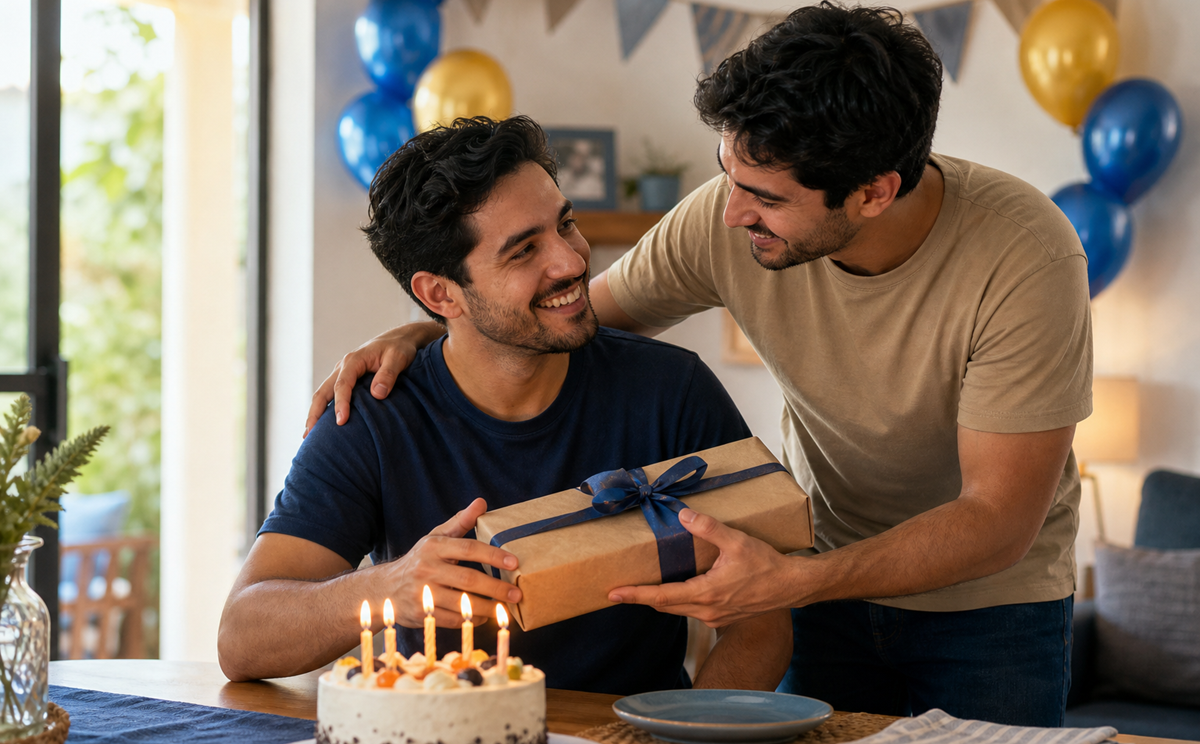 Primos celebrando un cumpleaños con regalo y tarta