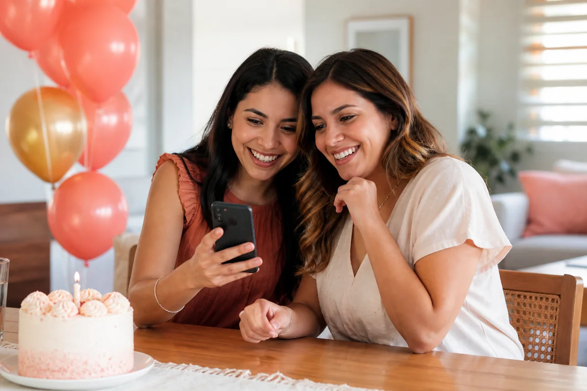 Mensajes de cumpleaños para una hermana Dos hermanas leyendo un mensaje de cumpleaños en un teléfono