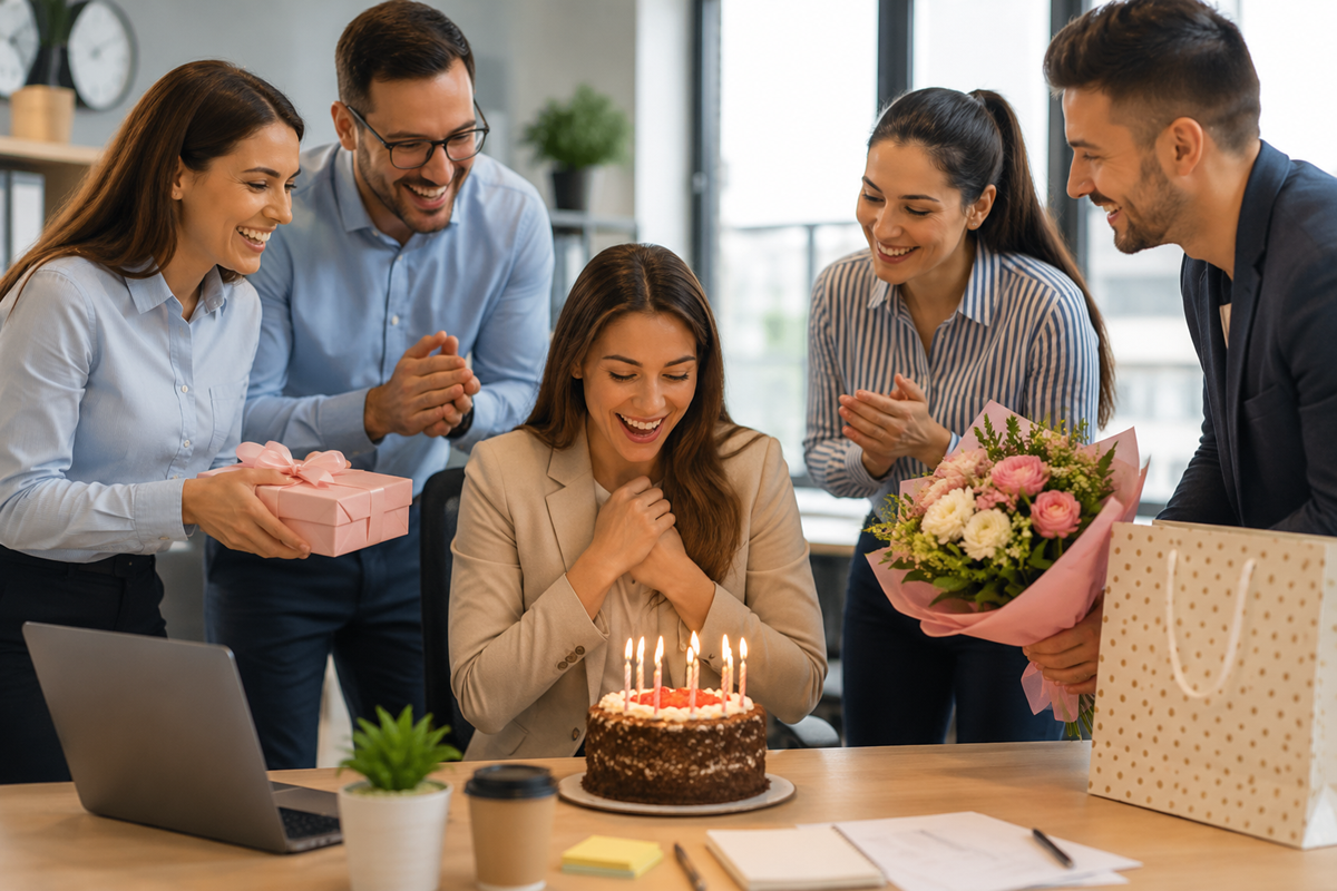 Compañera de trabajo celebrando su cumpleaños con sus compañeros