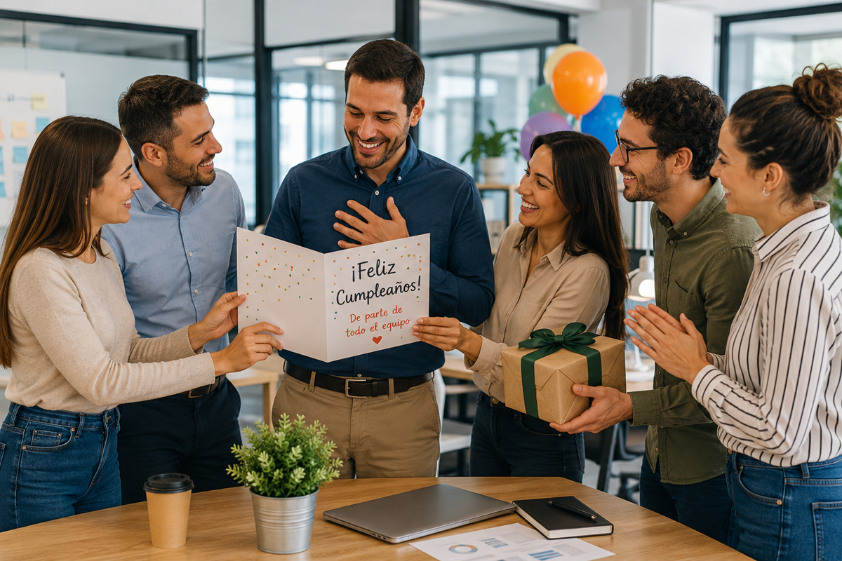 Compañeros felicitando un cumpleaños de parte de todo el equipo