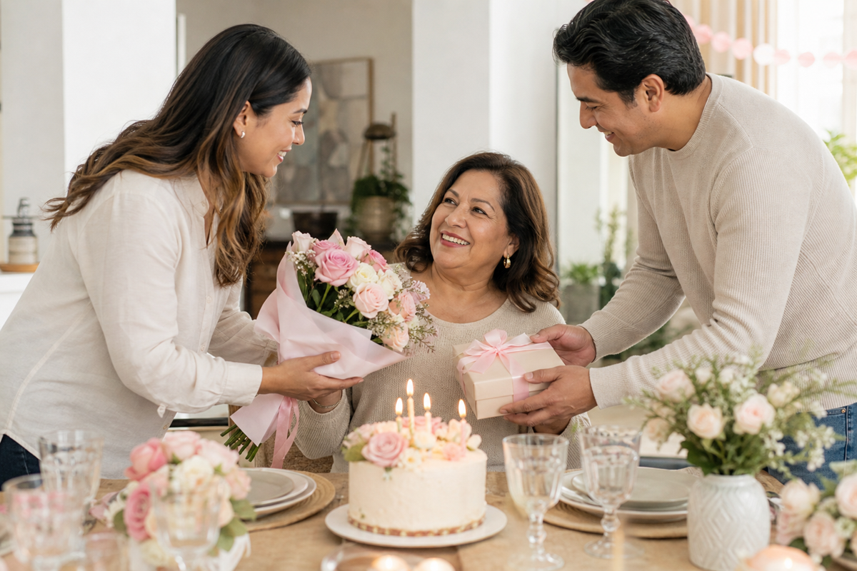 Frases de cumpleaños para una suegra con flores, regalo y tarjeta